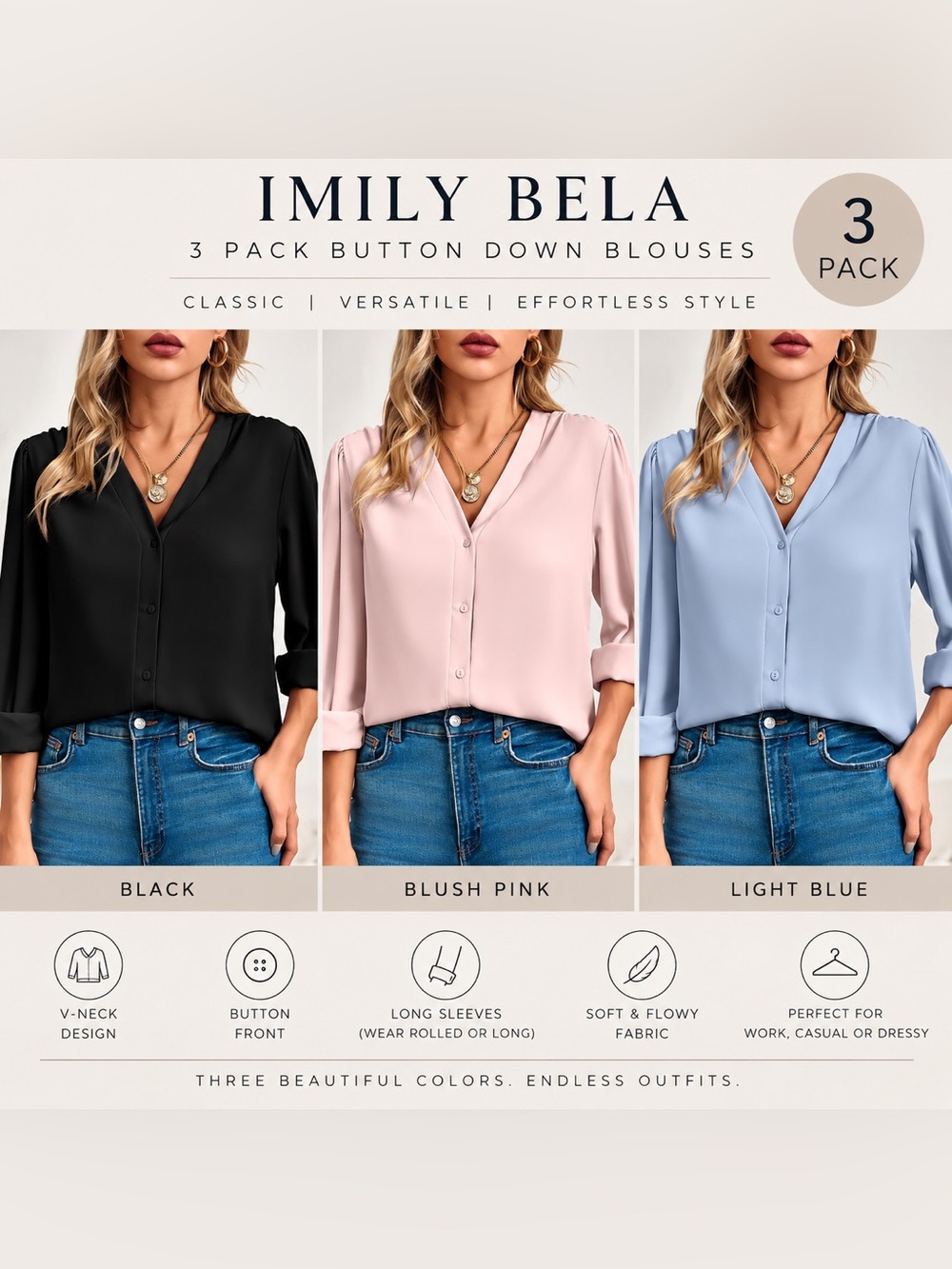 3 Pack Imily Bela Women’s V Neck Button Down Blouses NWOT